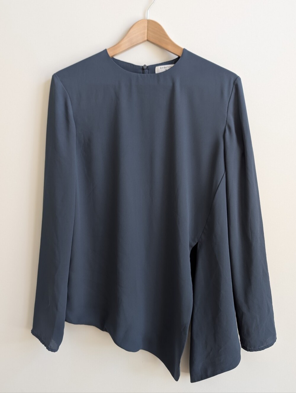Babaton Small Dark Steely Blue Asymmetrical Drape Blouse Top Aritzia